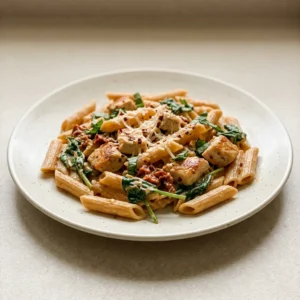 Overhead shot of creamy chicken pasta with sun-dried tomatoes and spinach, topped with Parmesan.