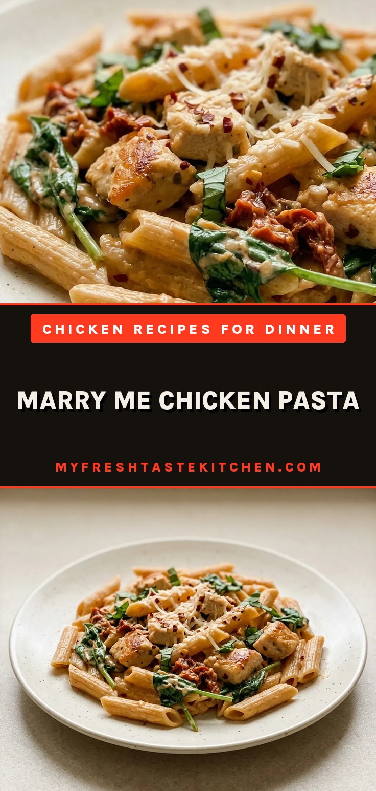 Overhead shot of creamy chicken pasta with sun-dried tomatoes and spinach, topped with Parmesan.