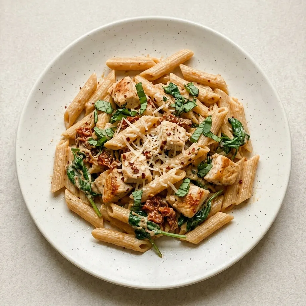 Plated pasta with chicken, sun-dried tomatoes, and spinach, drizzled with Greek yogurt and Parmesan.