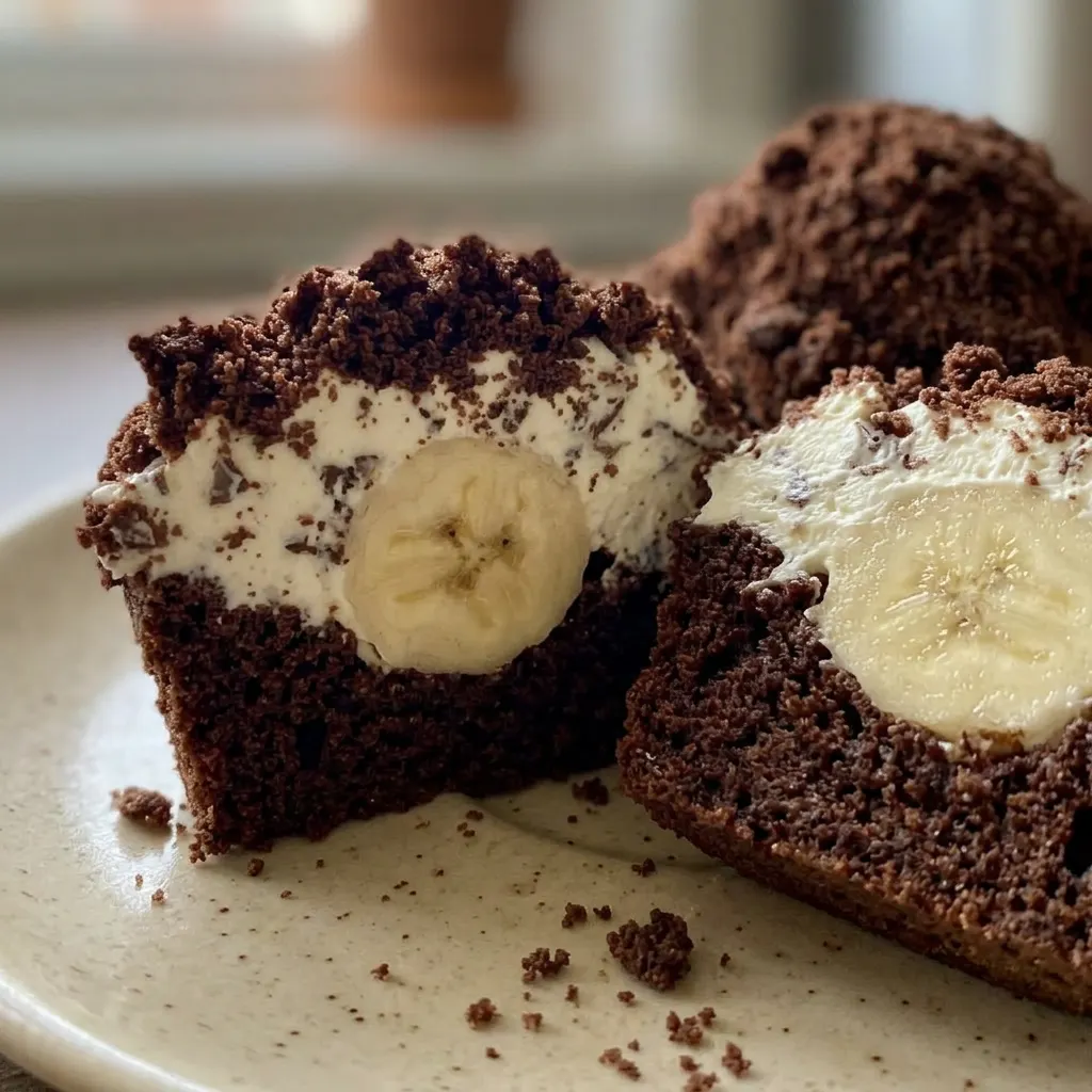 Macro detail of a chocolate muffin with glossy chocolate drizzle and a banana slice.