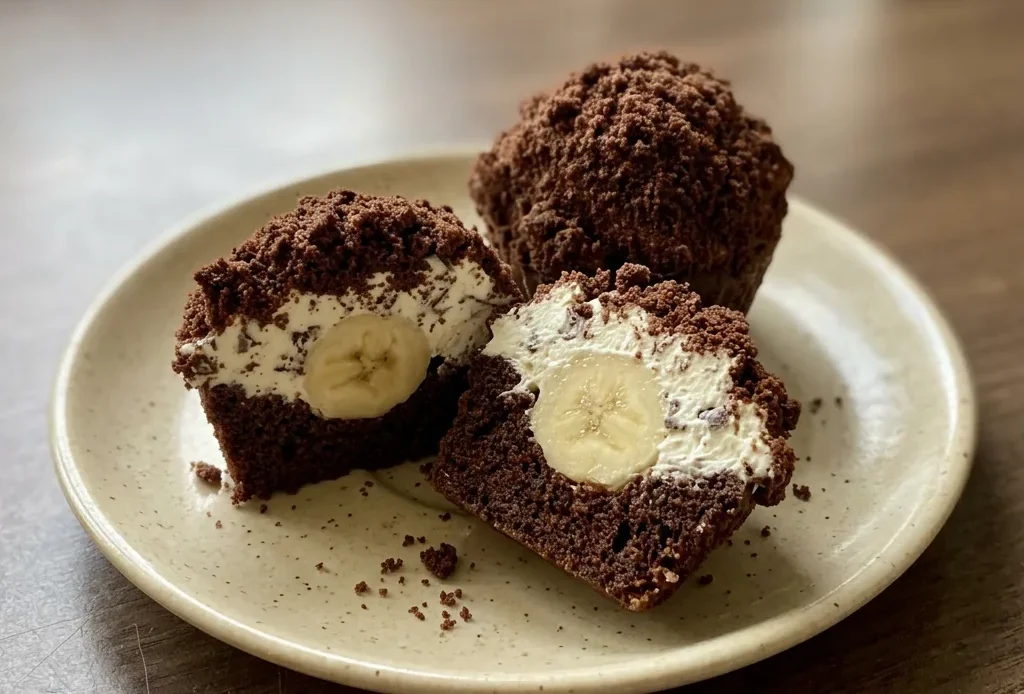 Top-down look at a chocolate muffin topped with banana slice and chocolate curls.