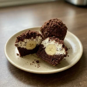 Top-down look at a chocolate muffin topped with banana slice and chocolate curls.