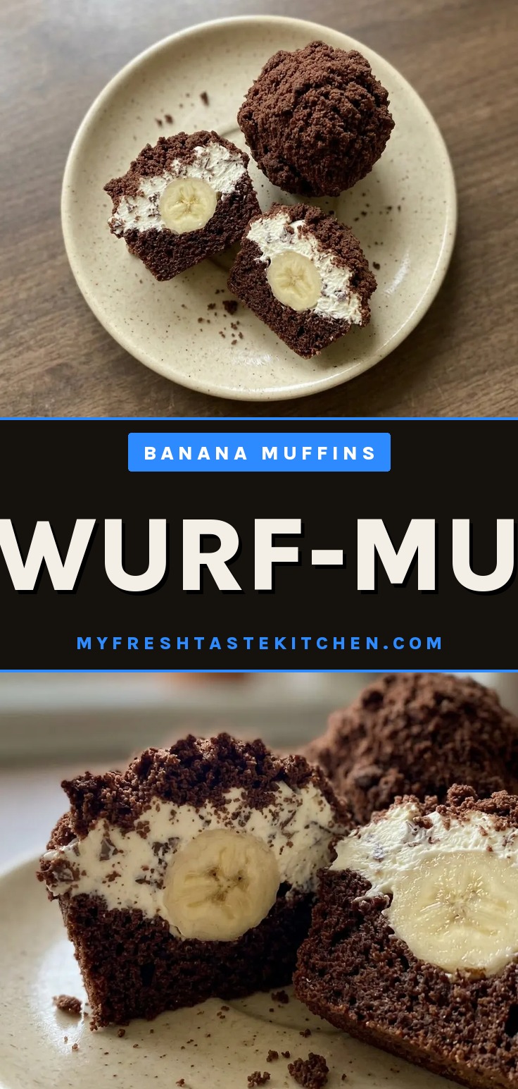 Top-down look at a chocolate muffin topped with banana slice and chocolate curls.
