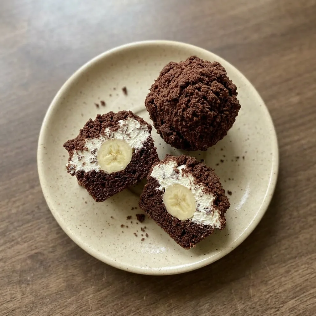A serving of a chocolate muffin garnished with whipped cream and chocolate shavings.
