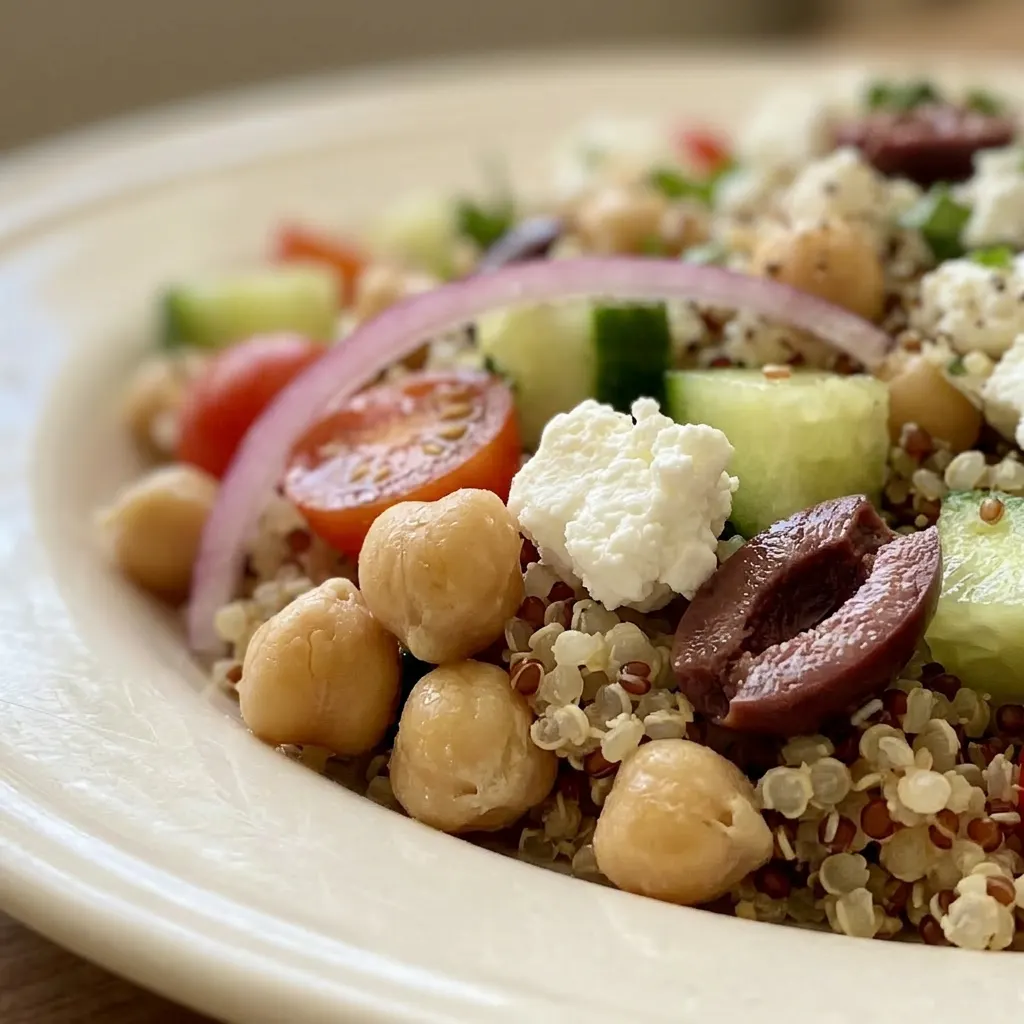 Macro detail of quinoa, chickpeas, cucumber, cherry tomatoes, olives, and feta cheese, with a lemon wedge in the corner.