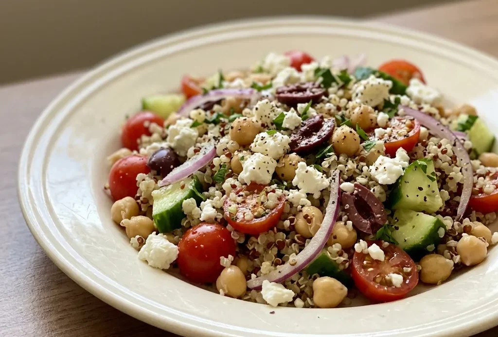 Top-down look at quinoa mixed with chickpeas, cucumber, cherry tomatoes, olives, and feta cheese, with lemon wedges.