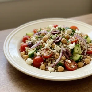 Top-down look at quinoa mixed with chickpeas, cucumber, cherry tomatoes, olives, and feta cheese, with lemon wedges.