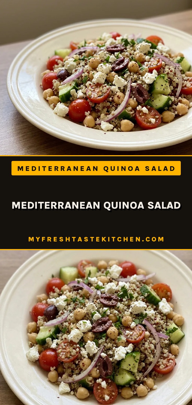 Top-down look at quinoa mixed with chickpeas, cucumber, cherry tomatoes, olives, and feta cheese, with lemon wedges.