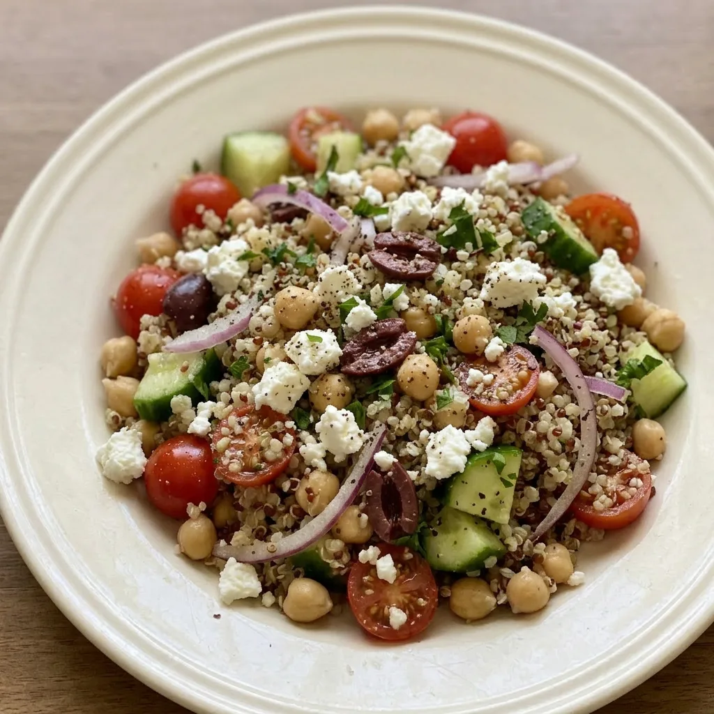A serving of quinoa salad topped with chickpeas, cucumber, cherry tomatoes, olives, and feta cheese, garnished with a lemon wedge.