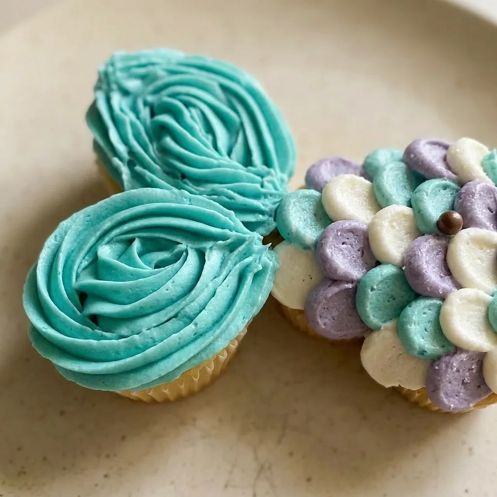 Close view of a mermaid tail cupcake cake with piped frosting scales in gradient colors and chocolate pearl decorations.