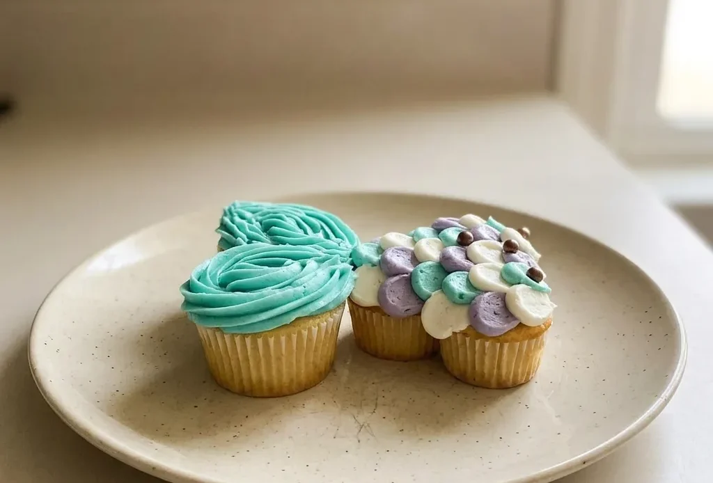Overhead shot of a mermaid tail cupcake cake with teal, purple, and pink frosting scales and chocolate pearls.