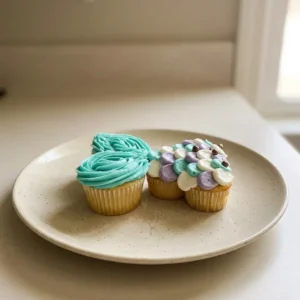 Overhead shot of a mermaid tail cupcake cake with teal, purple, and pink frosting scales and chocolate pearls.