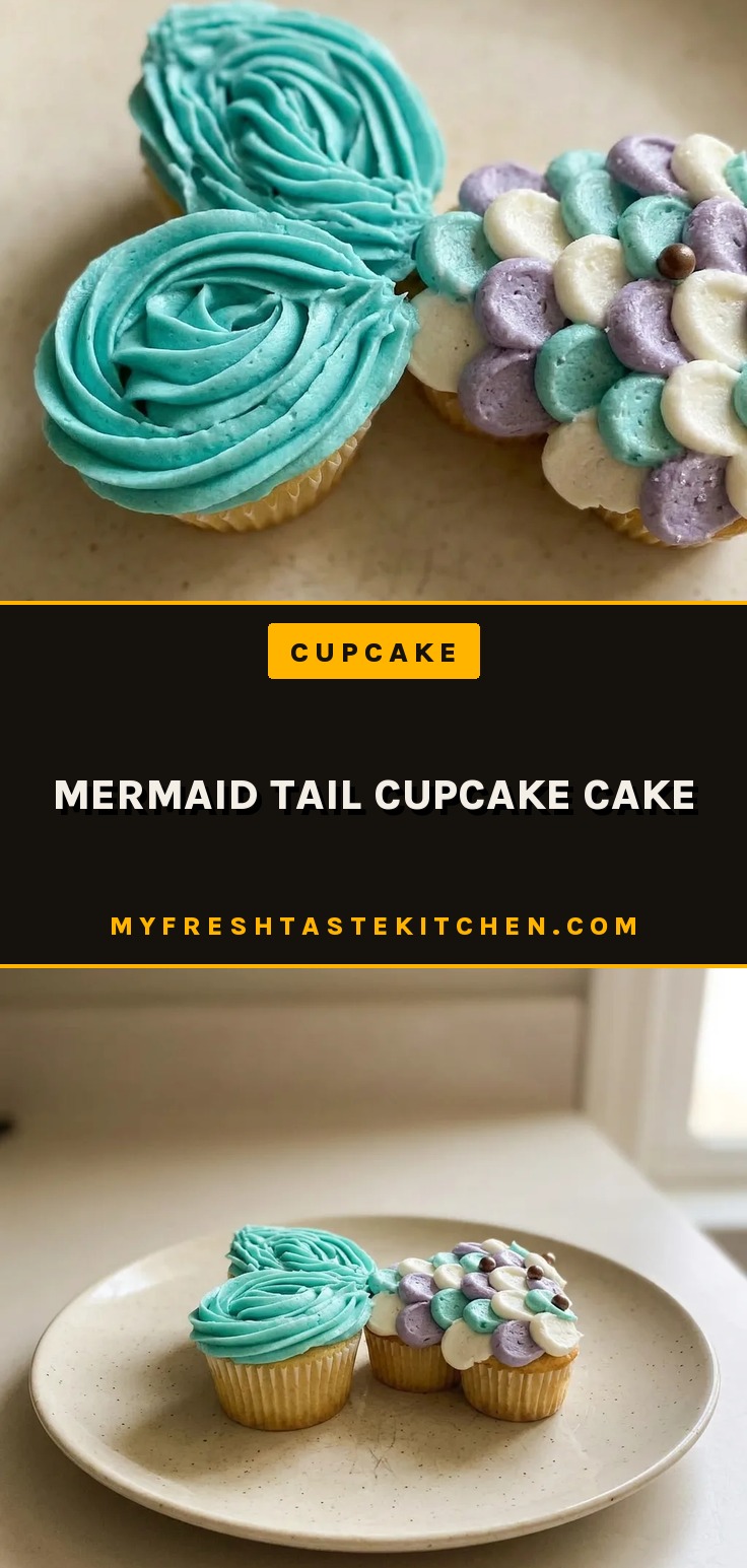 Overhead shot of a mermaid tail cupcake cake with teal, purple, and pink frosting scales and chocolate pearls.