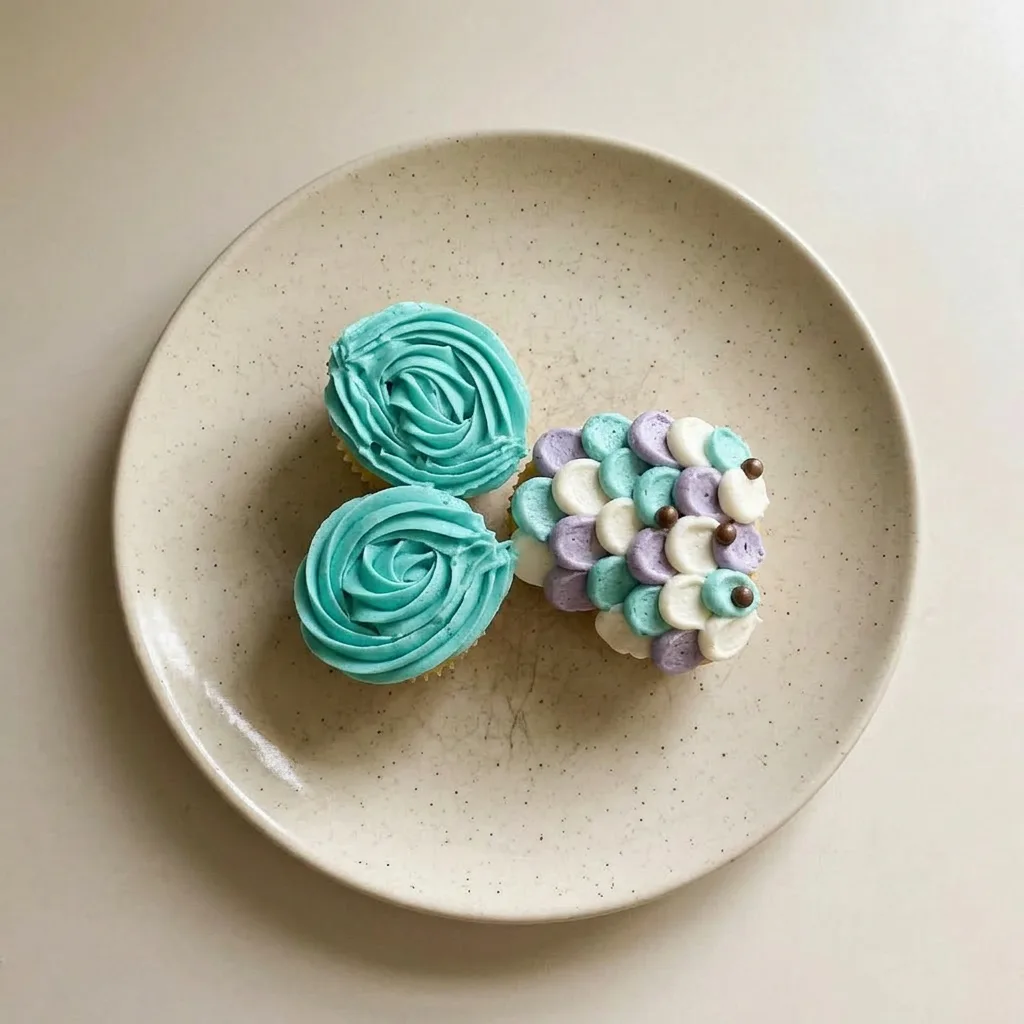 Plated mermaid tail cupcake cake with multicolored frosting scales and chocolate pearls.