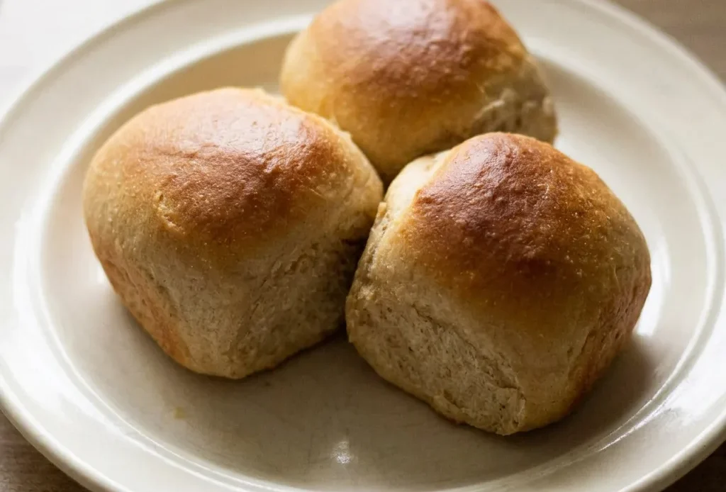 Looking down at six golden-brown dinner rolls arranged in a circle, each topped with a light honey glaze.