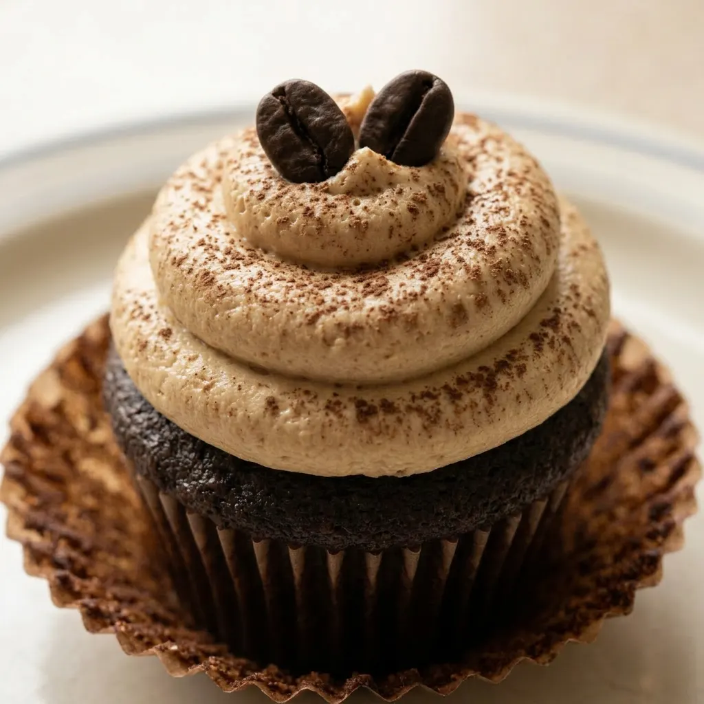 Zoomed in on a mocha cupcake topped with glossy chocolate buttercream, a single coffee bean, and fine chocolate curls.