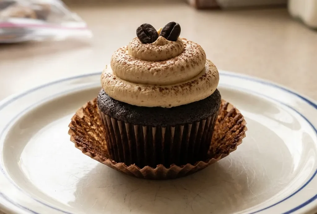 Bird's-eye view of a mocha cupcake with chocolate buttercream, a coffee bean garnish, and chocolate shavings.