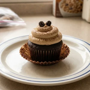Bird's-eye view of a mocha cupcake with chocolate buttercream, a coffee bean garnish, and chocolate shavings.