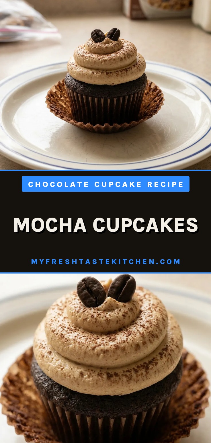 Bird's-eye view of a mocha cupcake with chocolate buttercream, a coffee bean garnish, and chocolate shavings.