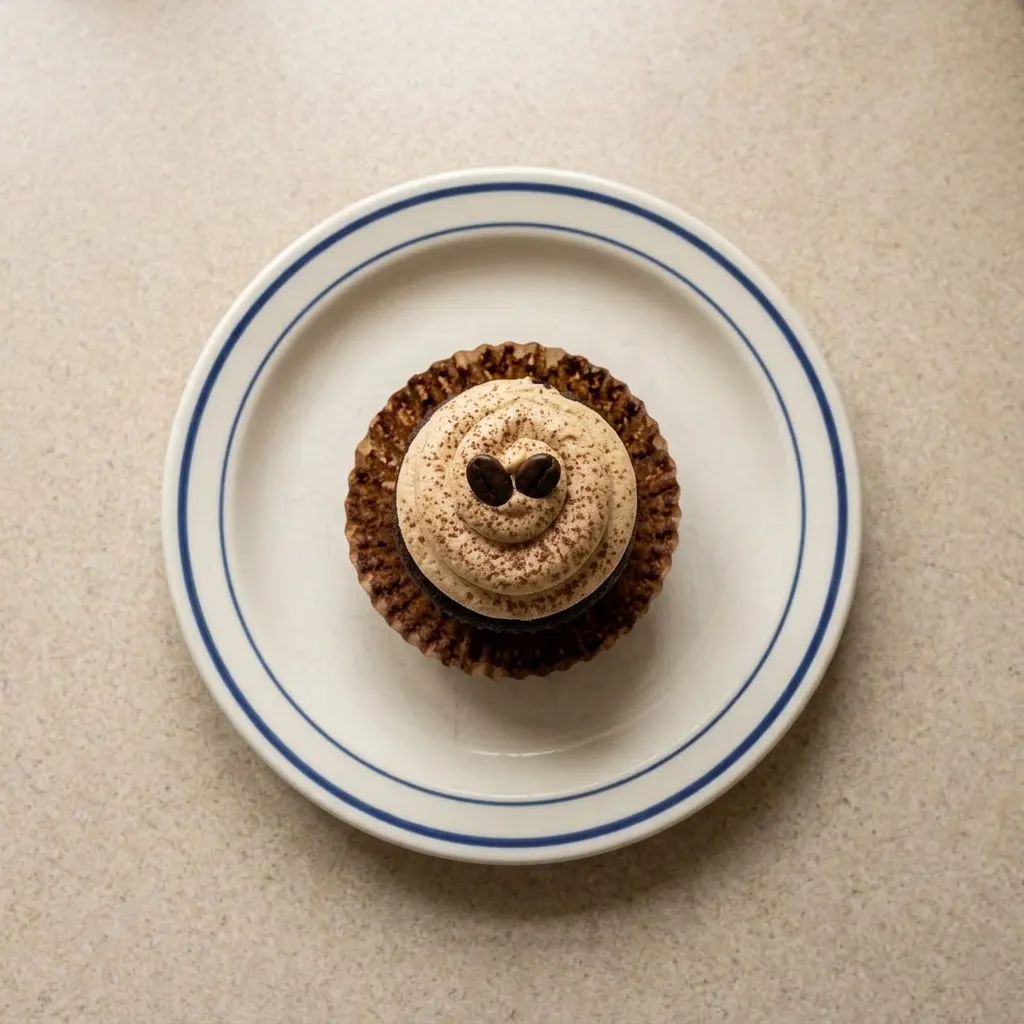 Ready to serve: a mocha cupcake with rich chocolate buttercream, a coffee bean, and chocolate shavings on top.
