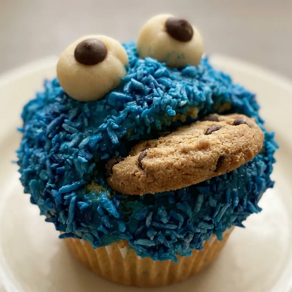 Zoomed in on a muffin with visible chocolate drops, marzipan pieces, and shredded coconut on a blue crumb.