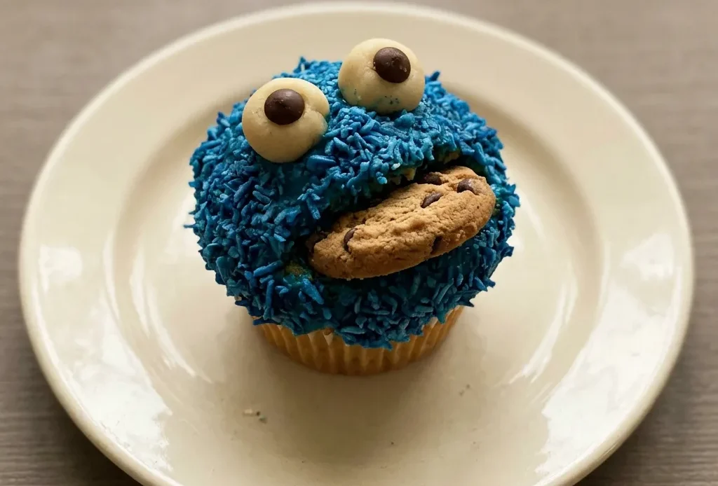 Bird's-eye view of a blue-tinted muffin topped with marzipan, chocolate drops, and coconut flakes.
