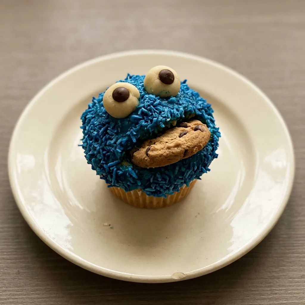 Bird's-eye view of a blue-tinted muffin topped with marzipan, chocolate drops, and coconut flakes.