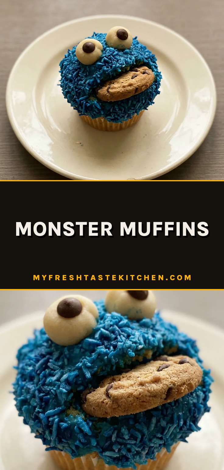 Bird's-eye view of a blue-tinted muffin topped with marzipan, chocolate drops, and coconut flakes.