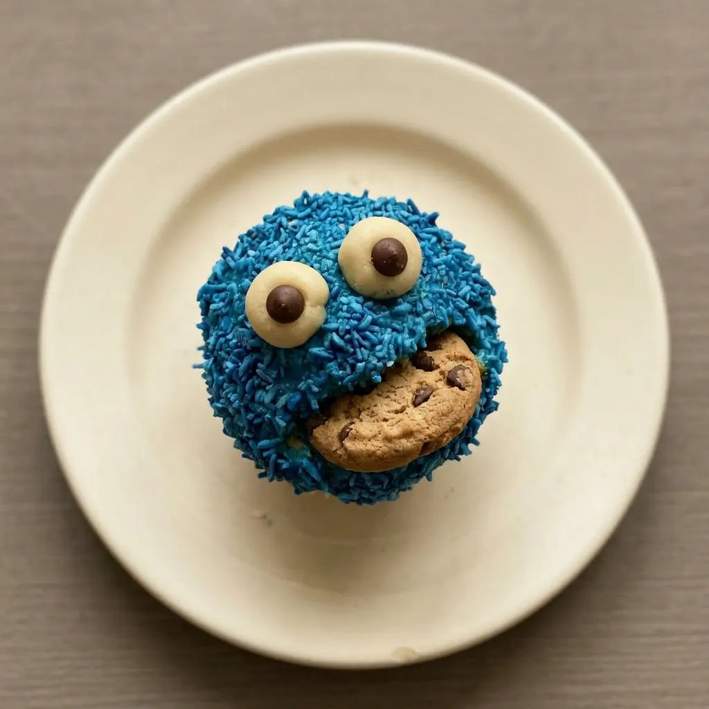 Ready to serve: a blue muffin studded with chocolate drops, marzipan, and coconut, with a cookie garnish.