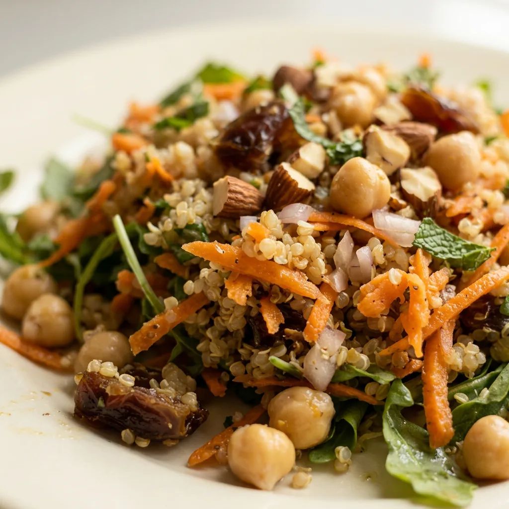 Macro detail of a forkful of quinoa and chickpeas with a piece of carrot and a date, almonds and mint in the background.