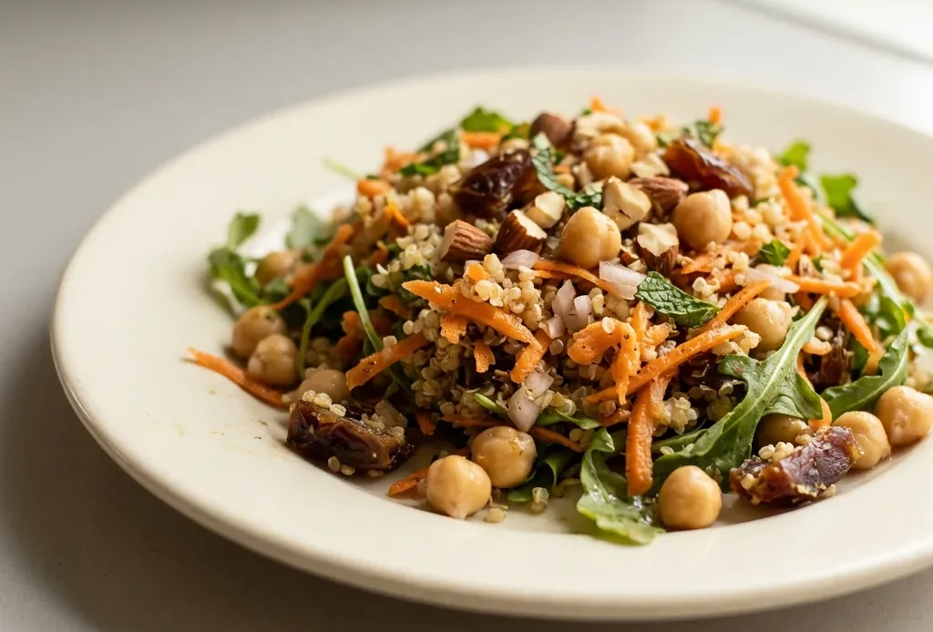 Top-down look at a bed of arugula topped with quinoa, chickpeas, shredded carrots, sliced dates, almonds, and mint leaves.