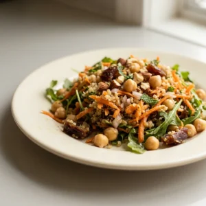 Top-down look at a bed of arugula topped with quinoa, chickpeas, shredded carrots, sliced dates, almonds, and mint leaves.