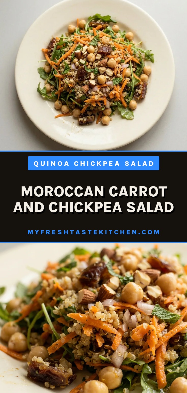 Top-down look at a bed of arugula topped with quinoa, chickpeas, shredded carrots, sliced dates, almonds, and mint leaves.