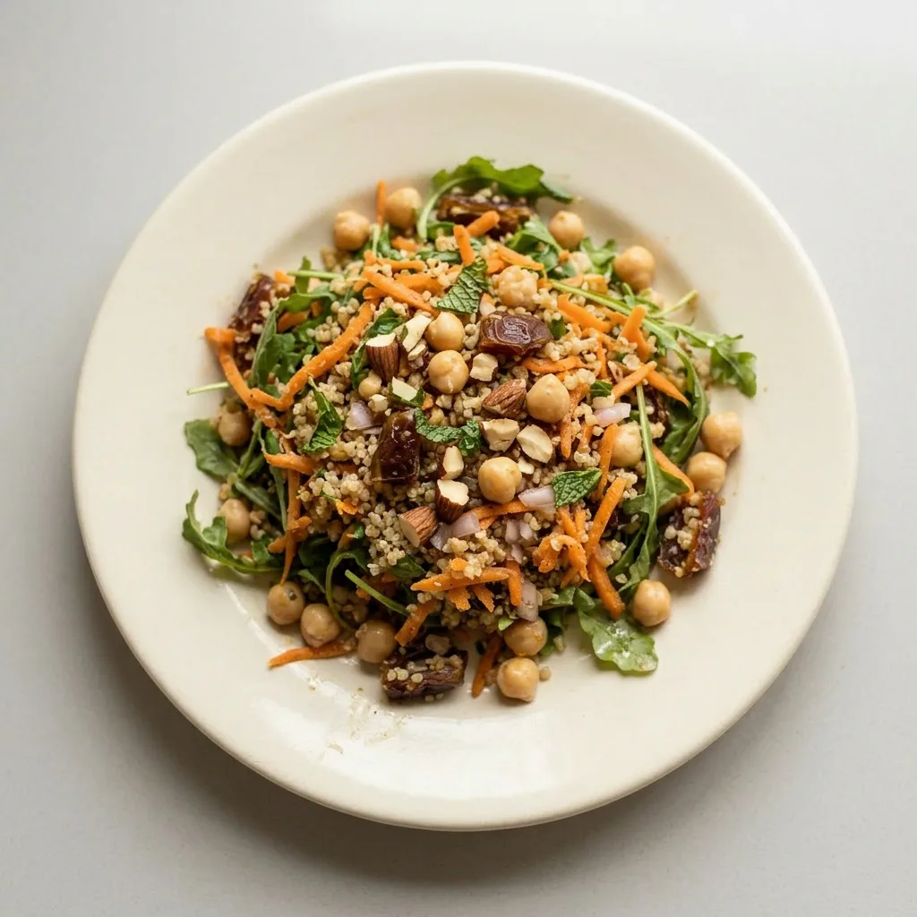 A serving of quinoa and chickpea salad with shredded carrots, arugula, mint, dates, and almonds.