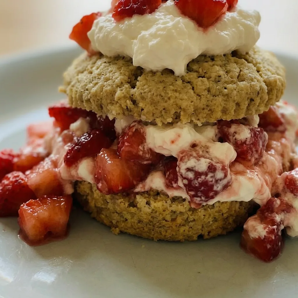 Close view of a strawberry shortcake with whipped cream and strawberry slices visible on top.