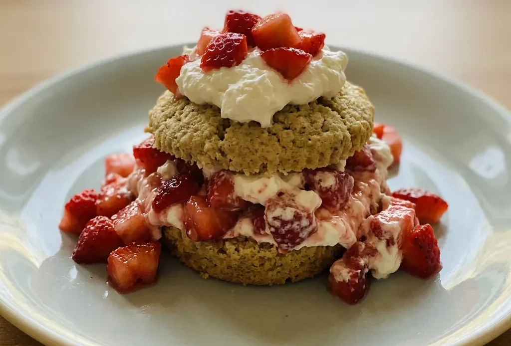 Overhead shot of two strawberry shortcakes topped with sliced strawberries and whipped cream on a white dish.