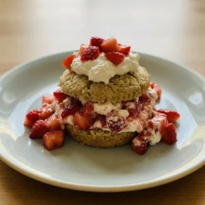 Overhead shot of two strawberry shortcakes topped with sliced strawberries and whipped cream on a white dish.