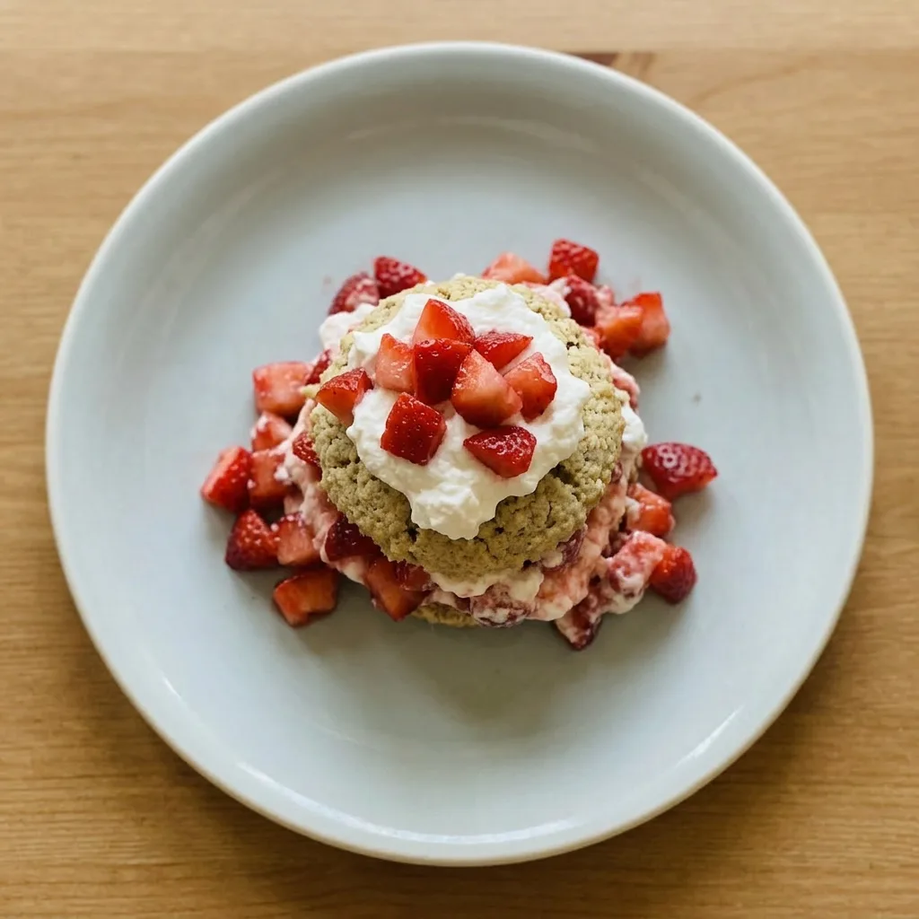 Plated strawberry shortcake with whipped cream and fresh strawberry pieces.