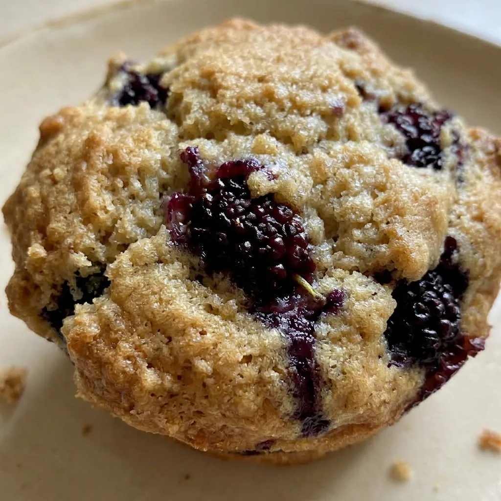Zoomed in on a mulberry muffin with a cracked top revealing a few berries, lemon zest specks visible on the golden crust.