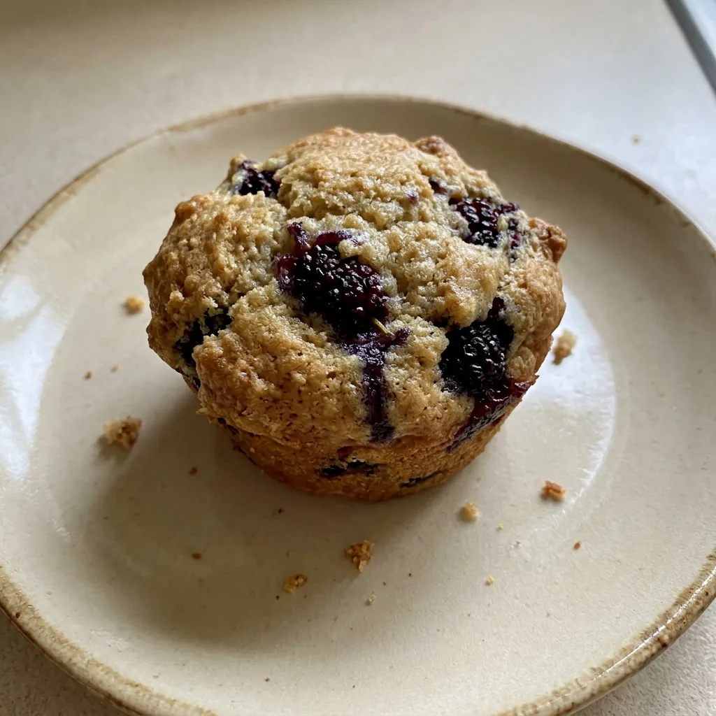 Bird's-eye view of three mulberry muffins with dark purple berries visible on top, one muffin cut in half showing purple berry swirls.