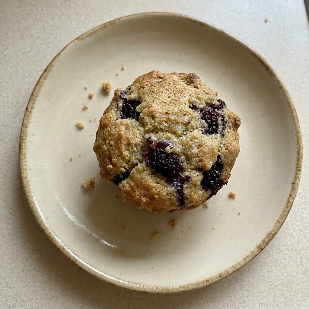 Ready to serve: two mulberry muffins on a plate, one with a lemon zest garnish, the other with a berry peeking out.