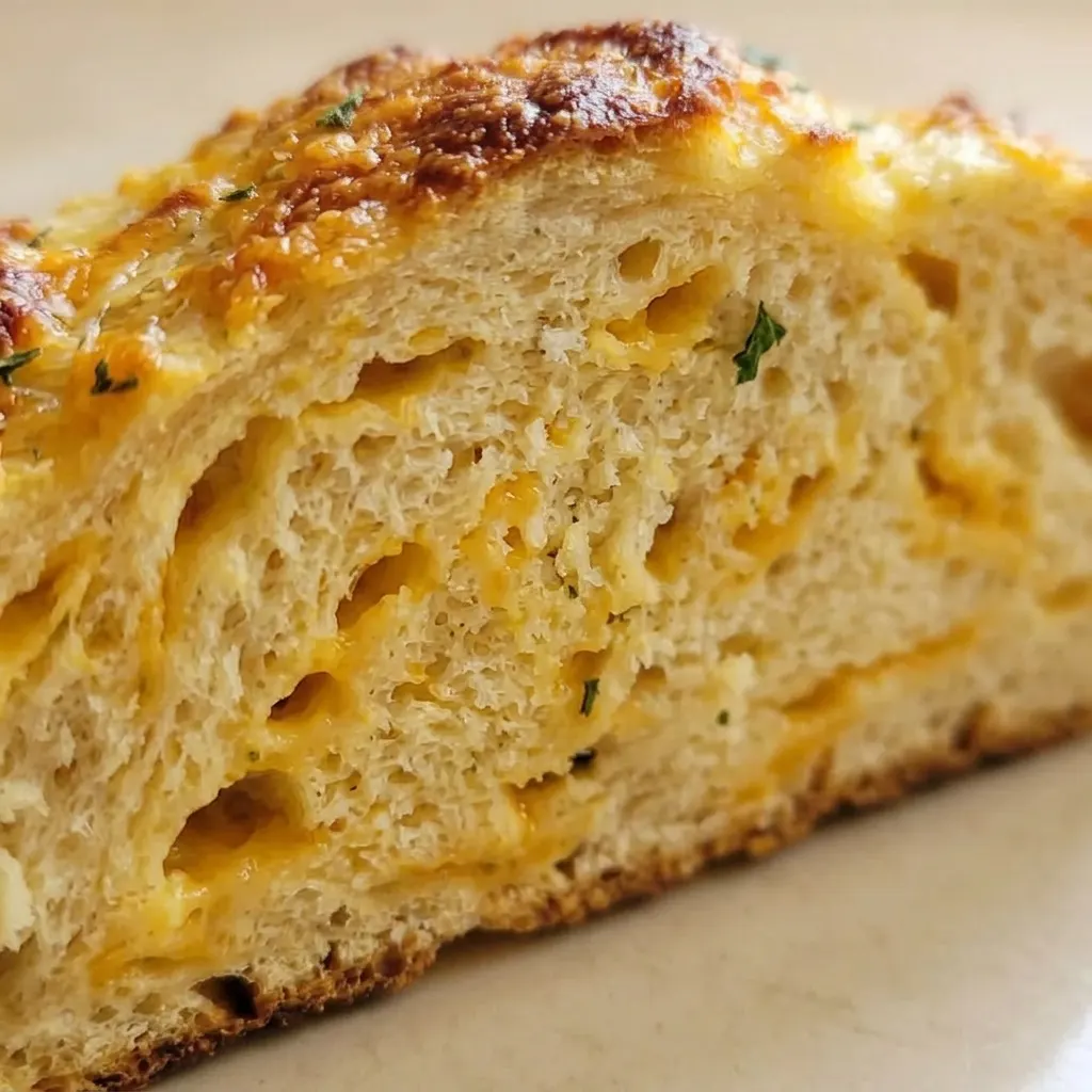 Close view of a slice of bread with a golden crust and pockets of melted cheddar cheese inside.