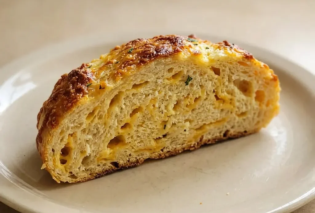 Overhead shot of a round loaf of crusty bread with melted cheddar cheese visible on top and sides.