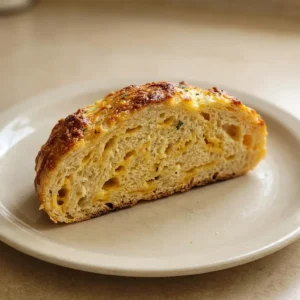 Overhead shot of a round loaf of crusty bread with melted cheddar cheese visible on top and sides.