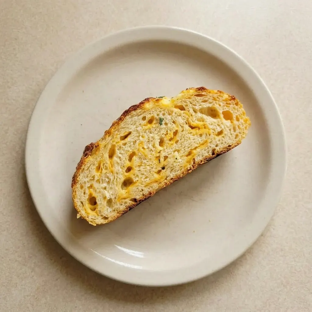 Plated bread slice with a thick layer of melted cheddar cheese on top, served warm.