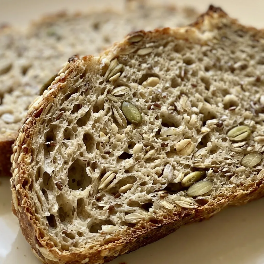 Macro detail of a bread slice's crumb with visible oats and seeds, topped with honey drizzle and scattered seeds.