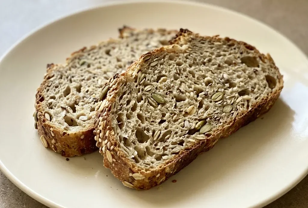 Top-down look at a round seeded oat bread slice, showing oats, pumpkin seeds, sunflower seeds, and flax seeds scattered on the crust.