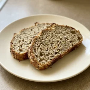 Top-down look at a round seeded oat bread slice, showing oats, pumpkin seeds, sunflower seeds, and flax seeds scattered on the crust.