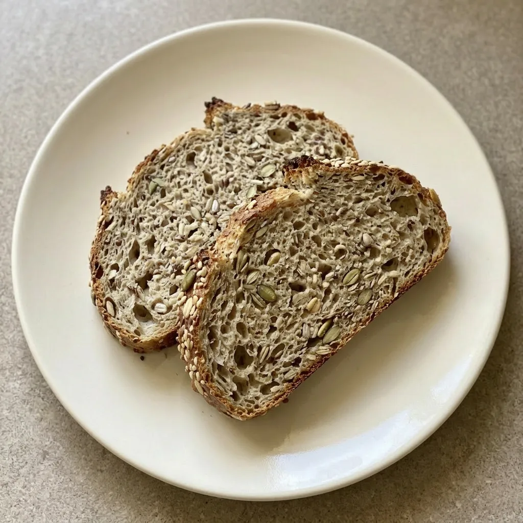 A serving of seeded oat bread slice with honey, oats, pumpkin seeds, sunflower seeds, and flax seeds visible on the crust.