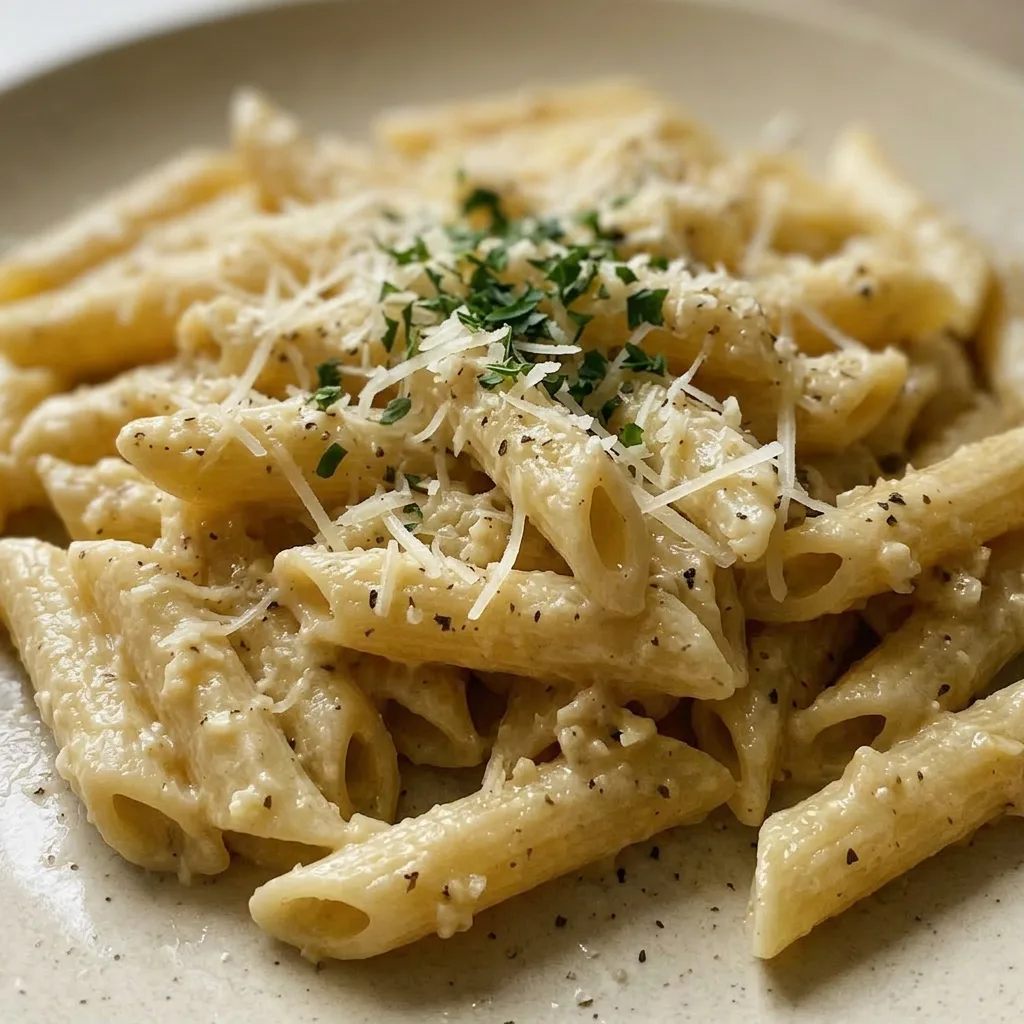 Close view of creamy garlic pasta, showing twirled noodles coated in sauce with garlic and Parmesan pieces.